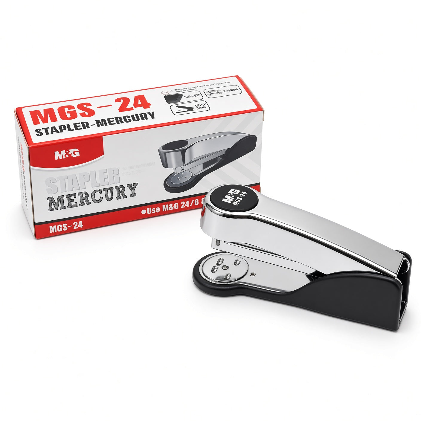 M&G Chenguang MGS-24 Metal Stapler – Heavy Duty Desktop Stapler for Up to 20 Sheets, 54mm Depth, Uses 24/6 & 26/6 Staples - No: ABS916JG