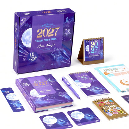 Mofakera Moon Magic 2027 Year Gift Box – Luxury A5 Daily Planner & 10-Piece Stationery Gift Set - Purple ( Agenda )