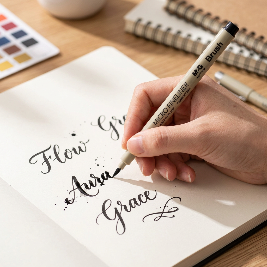 Hand doing brush calligraphy with the M&G micro fineliner brush pen