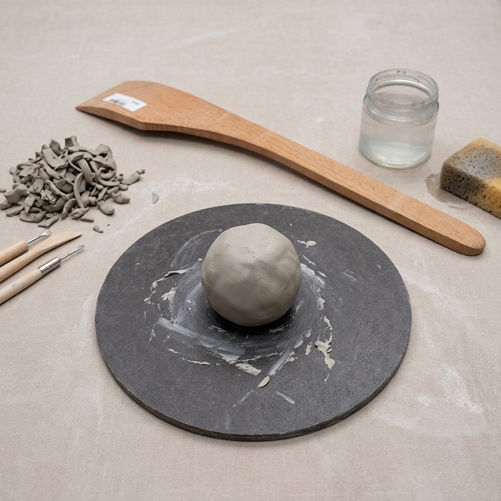 Small round modelling clay bat board in use with clay being shaped on top