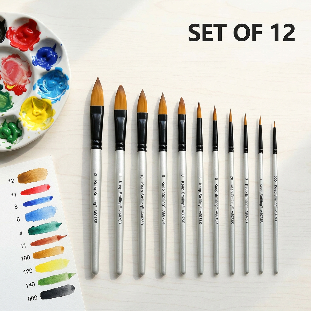Keep Smiling set of 12 round brushes flatlay with palette and swatches