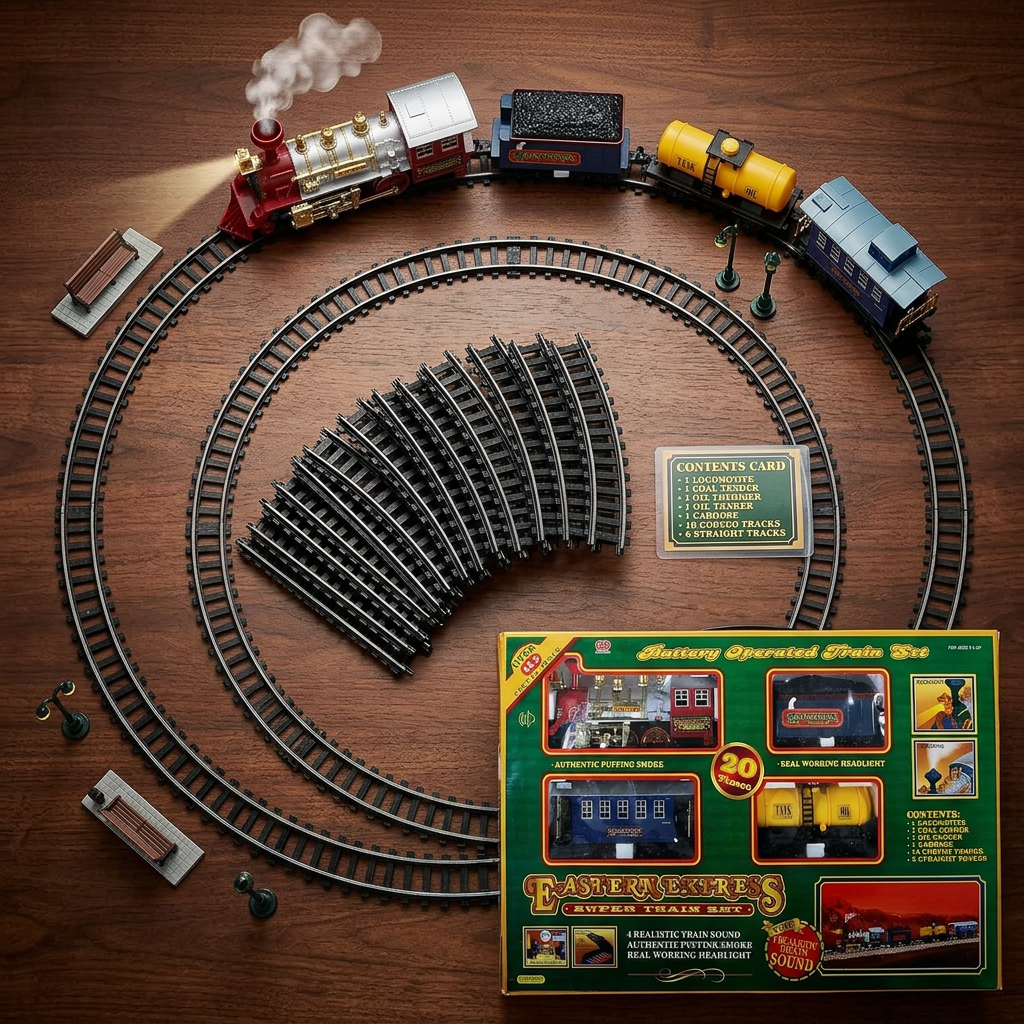 Battery-operated electric railway train set with assembled track flatlay