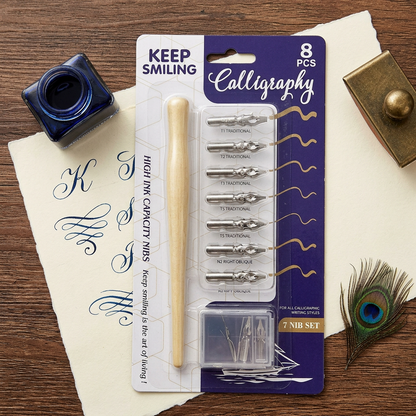 Keep Smiling 8-piece calligraphy dip pen set flatlay with inkpot