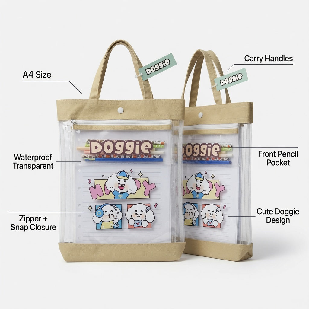 Doggie Transparent A4 Document Organizer Bag and Pencil Case with Handles  – Waterproof File Folder, Zipper & Snap Closure, School and Office Storage