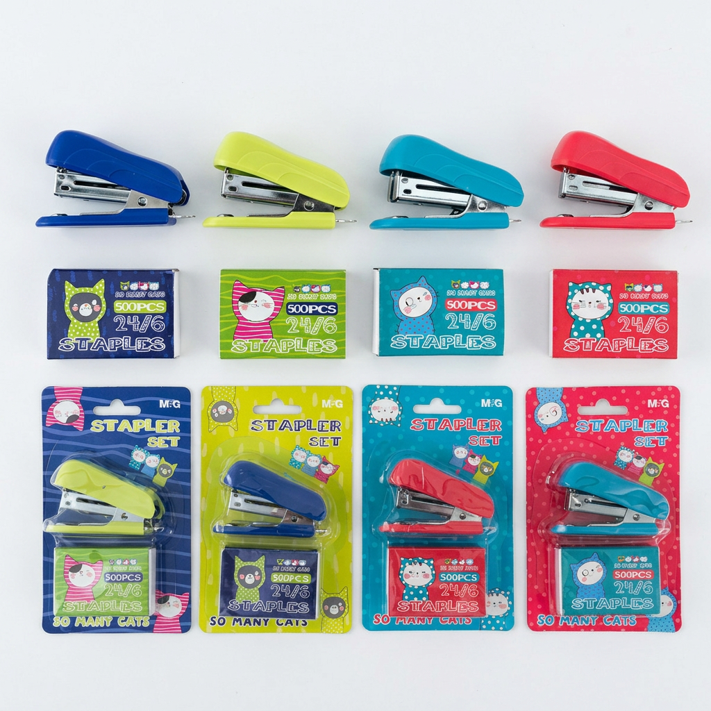 M&G Chenguang So Many Cats mini stapler flatlay with staples pack on pastel surface