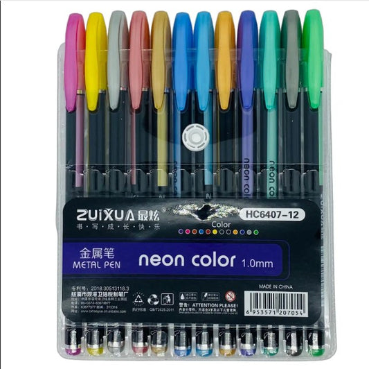 Zuixua Set of 12 Neon Gel Ink Pens-1.0mm Metallic colors - No:HC6407-12