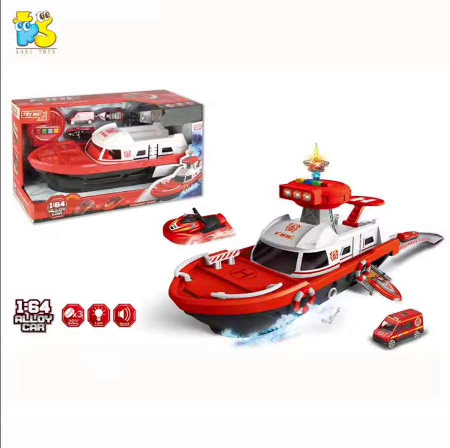 مجموعة ألعاب قارب الإطفاء للخدمات الخاصة بمقياس 1:64 مع قارب كرتوني كهربائي وأضواء وأصوات - رقم: 660