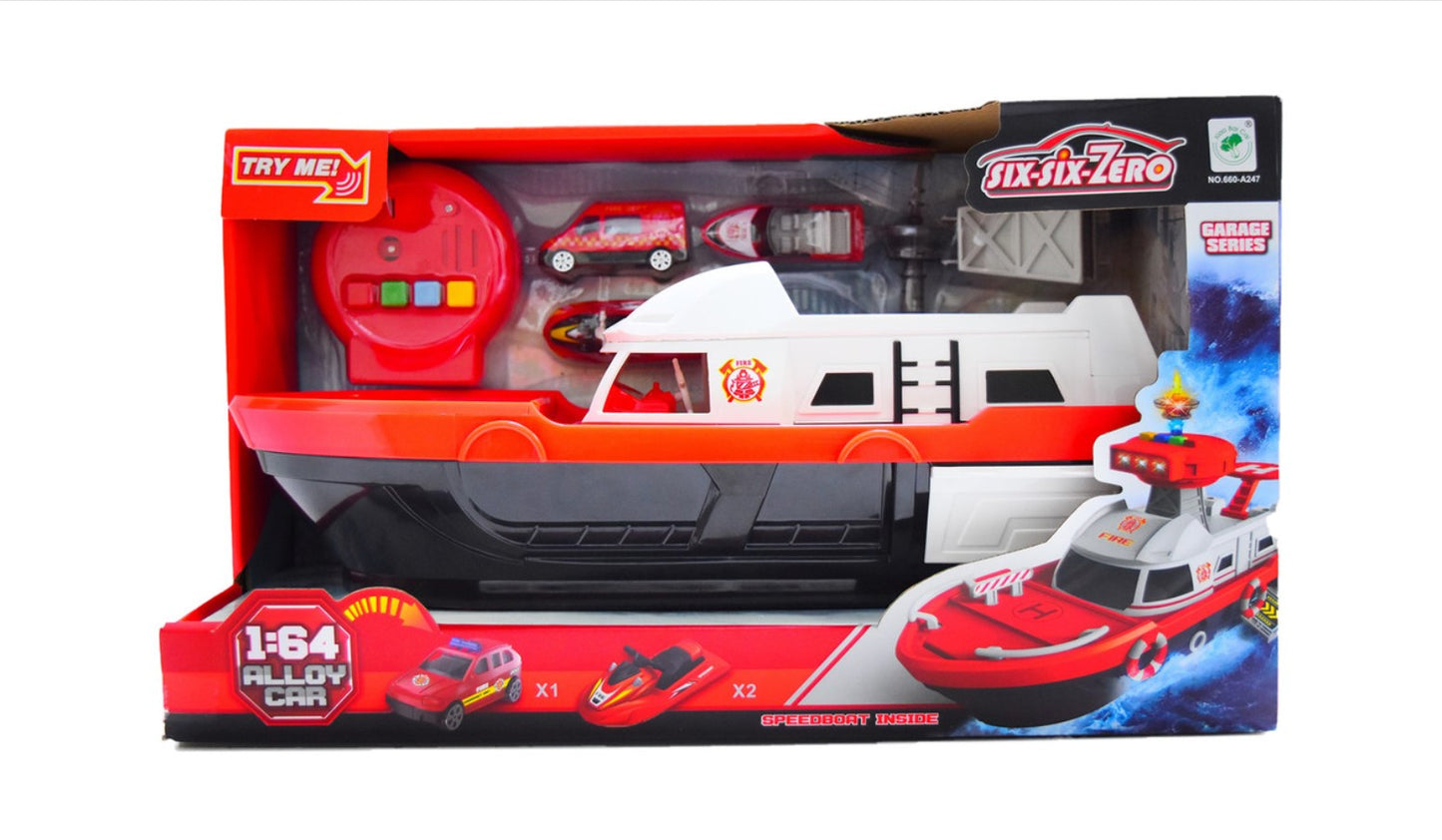 مجموعة ألعاب قارب الإطفاء للخدمات الخاصة بمقياس 1:64 مع قارب كرتوني كهربائي وأضواء وأصوات - رقم: 660