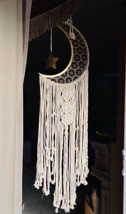 Wooden Moon and Stars Lunar Crescent Moon Outline Wall Art Laser Cut Wood Handmade - 40cm