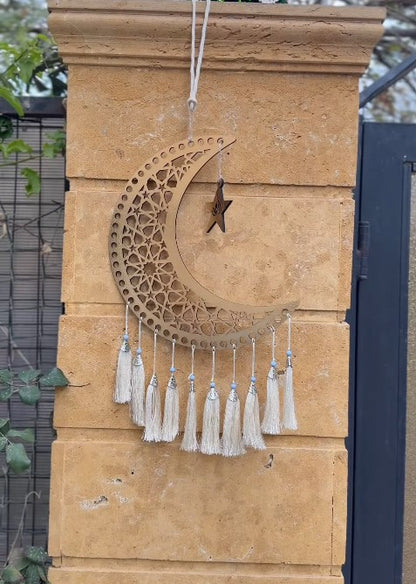 Wooden Moon and Stars Lunar Crescent Moon Outline Wall Art Laser Cut Wood Handmade - 40cm -Gold