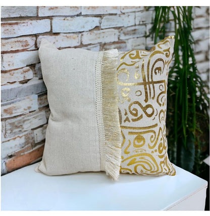 Ramadan Decorative Throw Pillow Cover, Cream Linen with Gold Pattern - 45CM