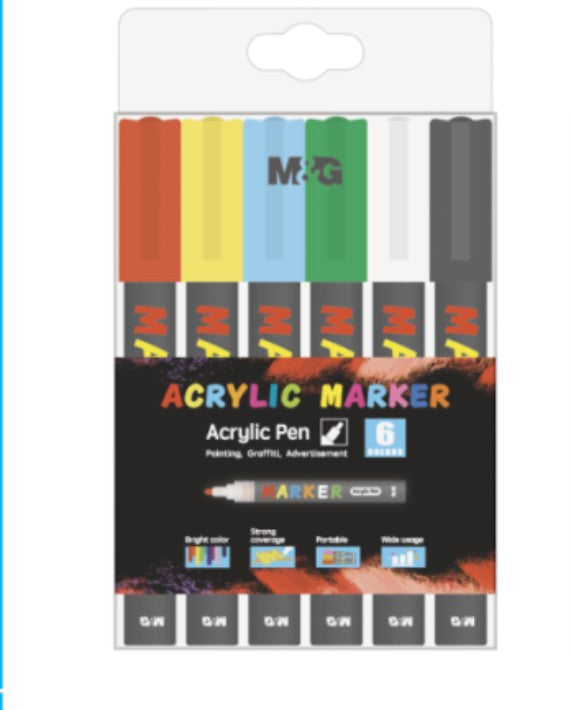 M&G Chenguang Acrylic Pen Set 6 Colors, Bold Art Creations, Fine Tip, Non-Toxic Ink , 2mm - No: APL976P3