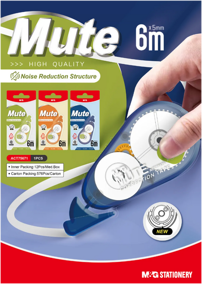 M&G Chenguang Mute Correction Tape, 6m x 5mm for Quiet, Precise Writing Error Corrections - 1pcs- No:ACT75671
