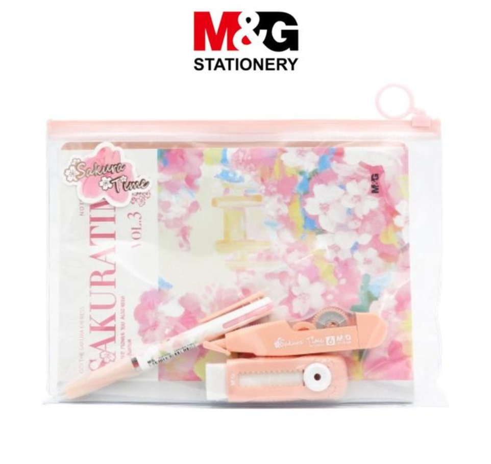 M&G Chenguang 4 In 1 Sakura Time Set Alat Tulis Pulpen Notebook Eraser & Correction Tape - SET -No:HAGP2360