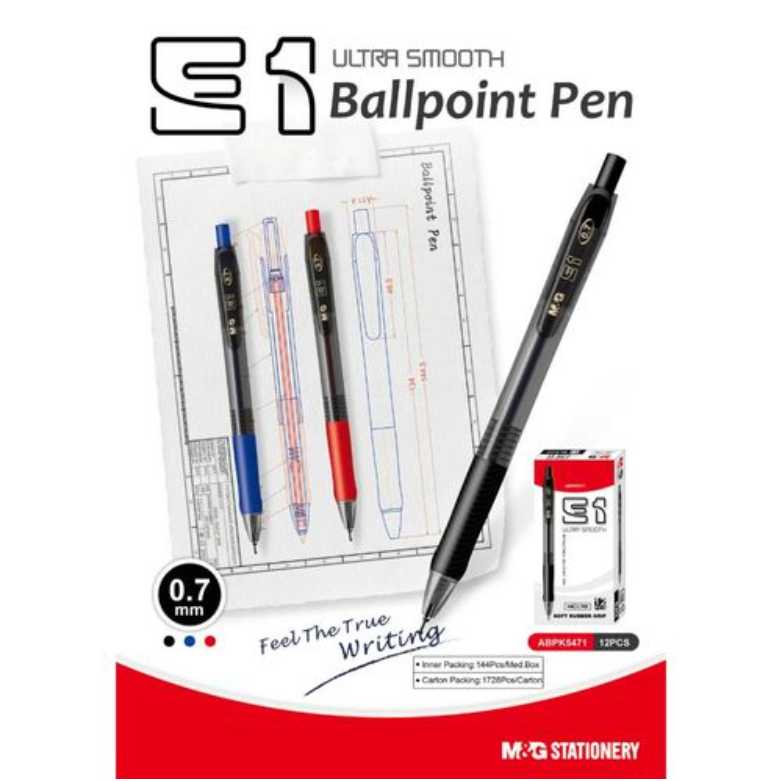 M&G Chenguang E1 Ballpoint Pen, Smooth Writing Experience, Retractable, 0.7mm - Black - 1Pcs- No:ABPK5471