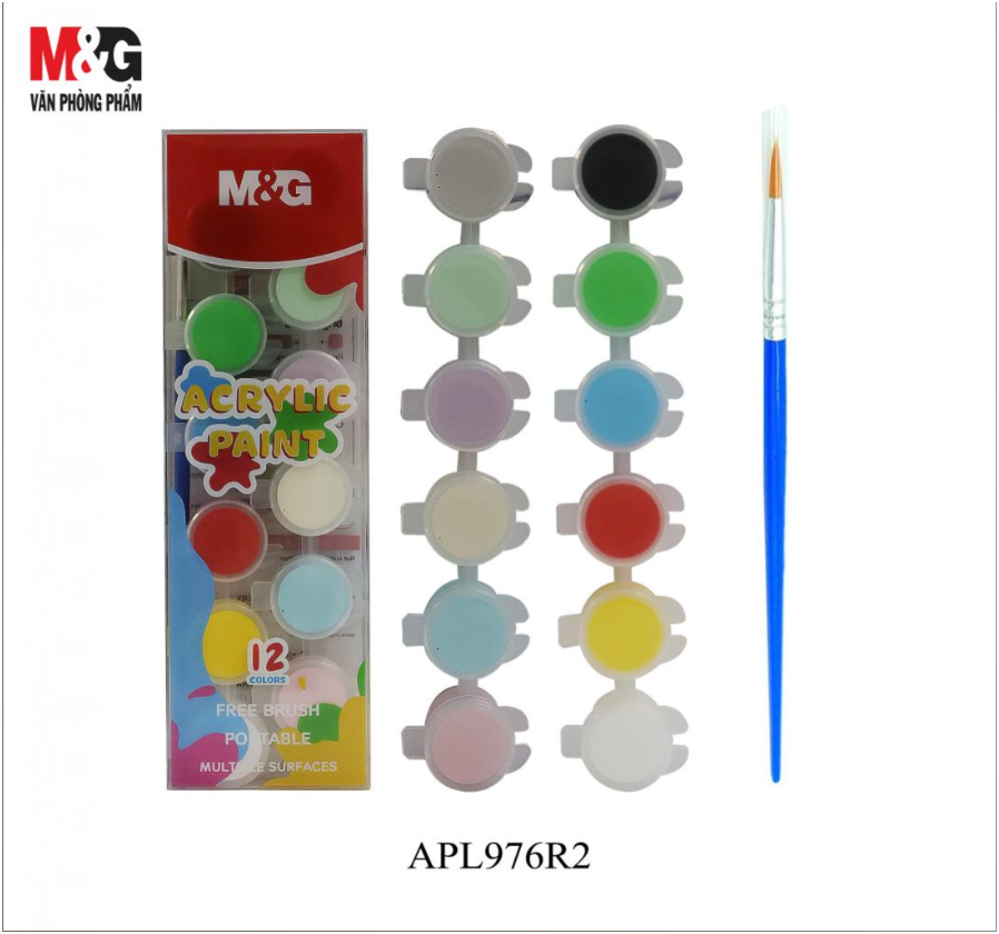 M&G Chenguang Acrylic Paint Set, 12 Vibrant Colors with Brush for Canvas, Crafts, and DIY Art Projects - No:APL976R2