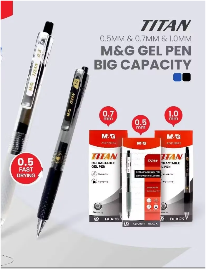 M&G Chenguang Titan Retractable Gel Pen Fast Drying Smooth and Professional Writing Performance Black 0.5mm - 1pcs - No:AGPJ9071