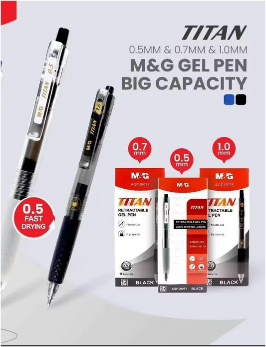 M&G Chenguang Titan Retractable Gel Pen Fast Drying Smooth and Professional Writing Performance Black 0.5mm - 1pcs - No:AGPJ9071