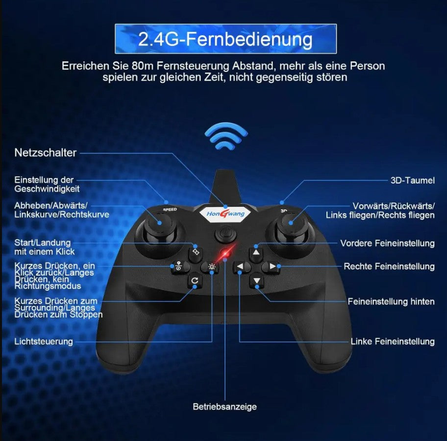 طائرة بدون طيار تعمل بالتحكم عن بعد مزودة بأضواء LED، طولها 25 سم، مزودة بجهاز تحكم عن بعد، وبطارية قابلة للشحن، ومراوح احتياطية، مناسبة للأعمار من 14 سنة فما فوق - رقم المنتج: L0712