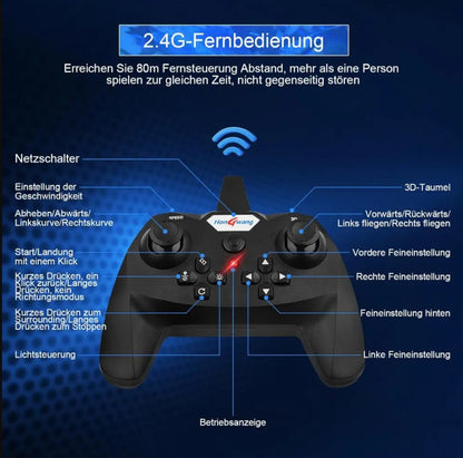 طائرة بدون طيار تعمل بالتحكم عن بعد مزودة بأضواء LED، طولها 25 سم، مزودة بجهاز تحكم عن بعد، وبطارية قابلة للشحن، ومراوح احتياطية، مناسبة للأعمار من 14 سنة فما فوق - رقم المنتج: L0712