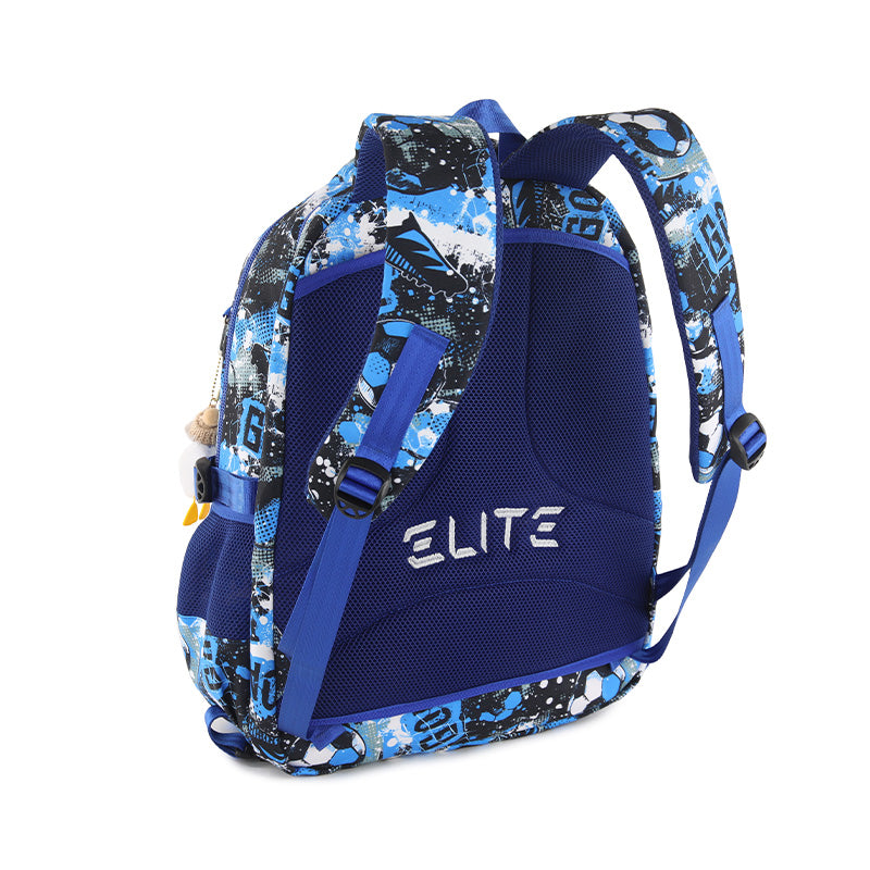 Elite Casual Backpack Big Capacity Backpack fit 15.6 inch Laptop size 19 inch With plush keychain - blue and black soccer-themed design.