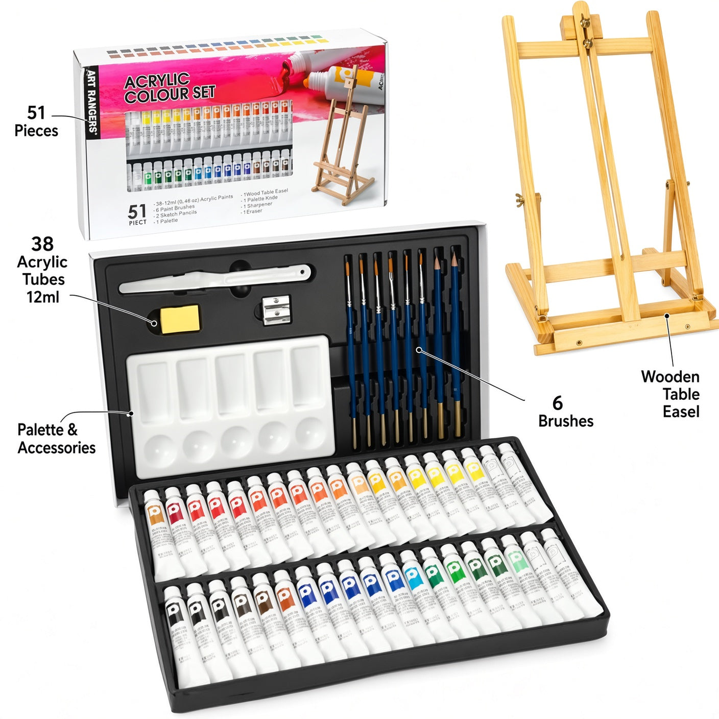 Art Rangers 51-Piece Acrylic Colour Painting Set with Wooden Table Easel - No:38012