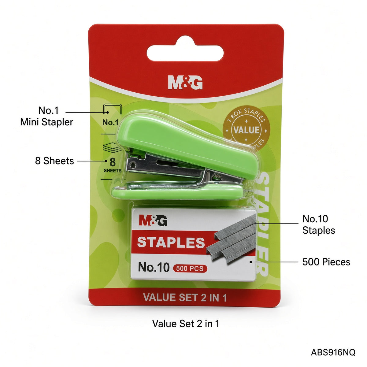 M&G Chenguang Value Set 2-in-1 Stapler with 500 No.10 Staples – Mini Desktop Stapler for School, Office & Home - 1 pcs - No: ABS916NQ