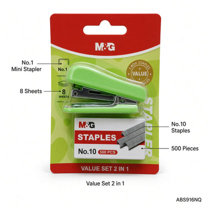 M&G Chenguang Value Set 2-in-1 Stapler with 500 No.10 Staples – Mini Desktop Stapler for School, Office & Home - 1 pcs - No: ABS916NQ