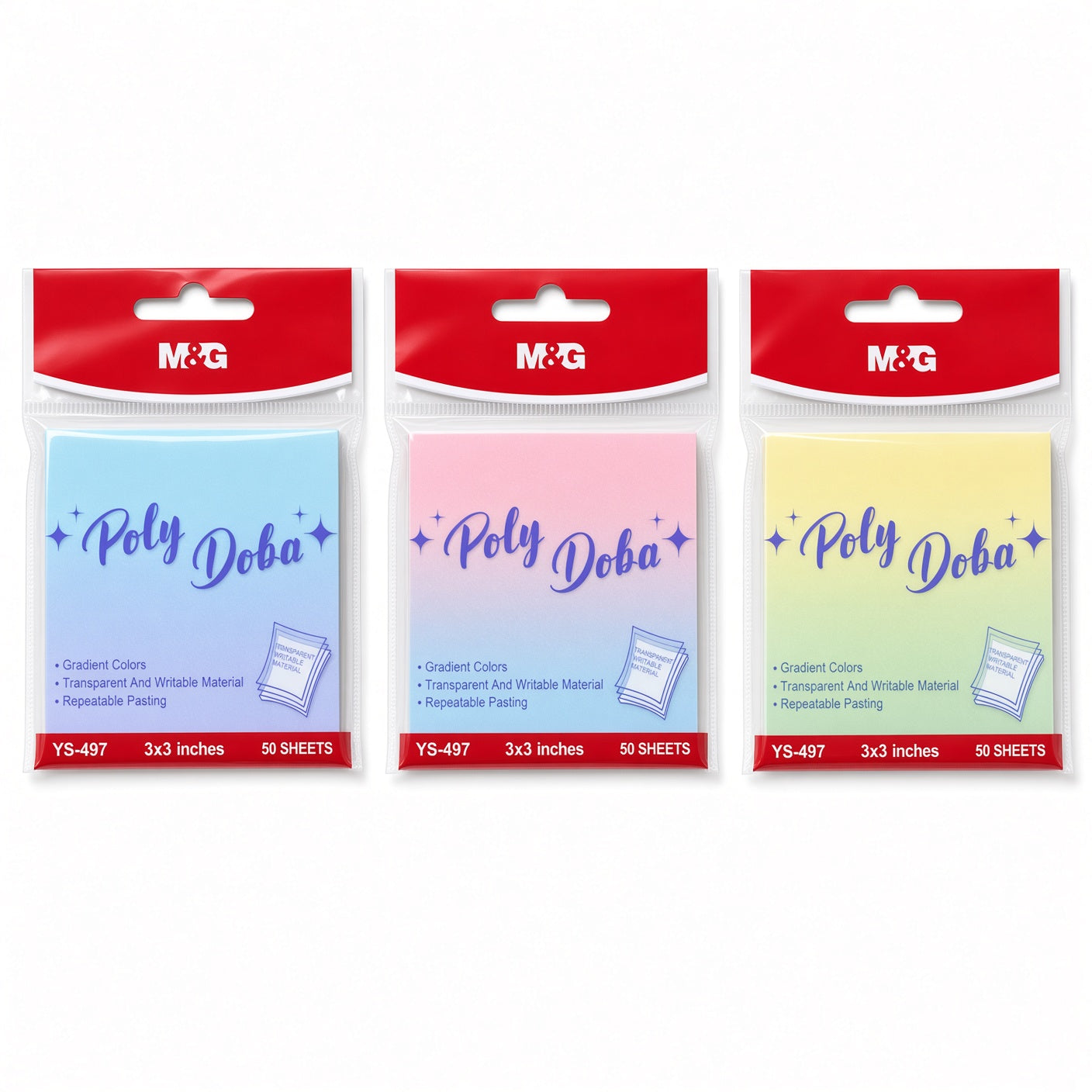 M&G Chenguang Poly Doba Sticky Notes – Gradient Colors, Transparent & Writable, Repositionable, 50 Sheets, 3 × 3 Inches - 1pcs - No: YS-497