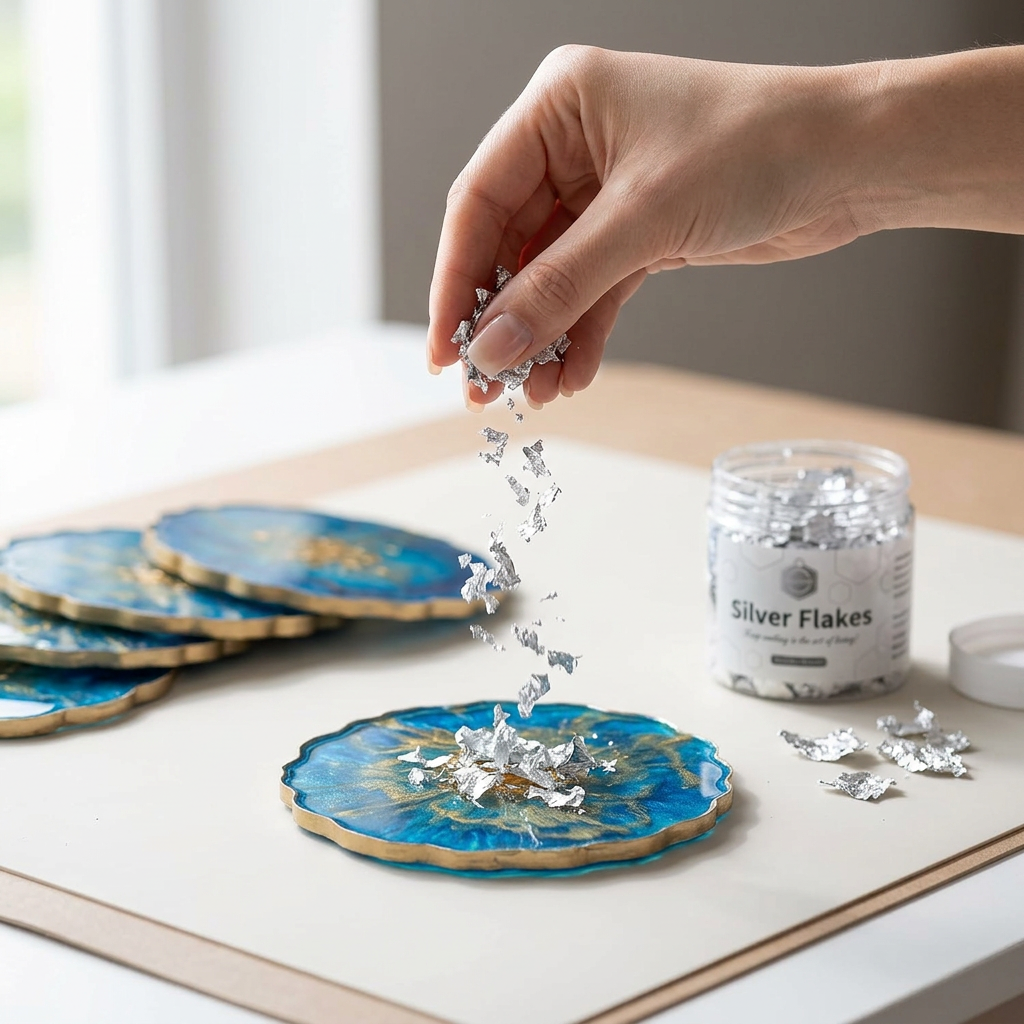 Hand sprinkling silver metallic resin flakes onto a resin art coaster