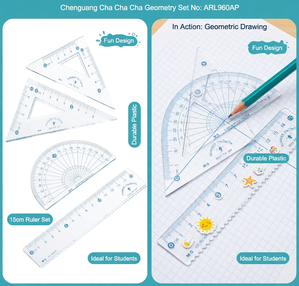 M&G Chenguang Cha Cha Cha Geometrical Set, Fun Measuring Tools, Durable Plastic - 15cm - No:ARL960AP