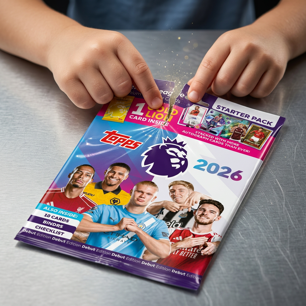 Child opening the Topps Premier League 2025/26 starter pack with cards and binder