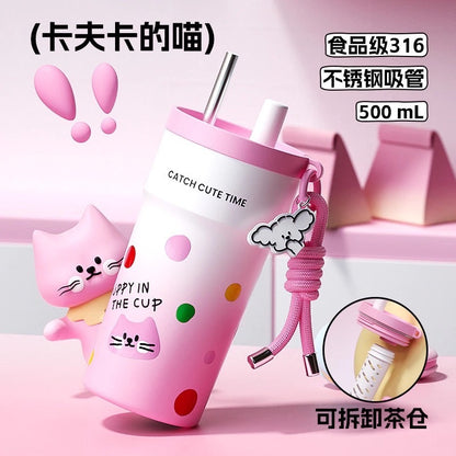500ml Stainless Steel Insulated Tumbler with Straw & Tea Infuser – Puppy Design, Leakproof Thermal Travel Cup