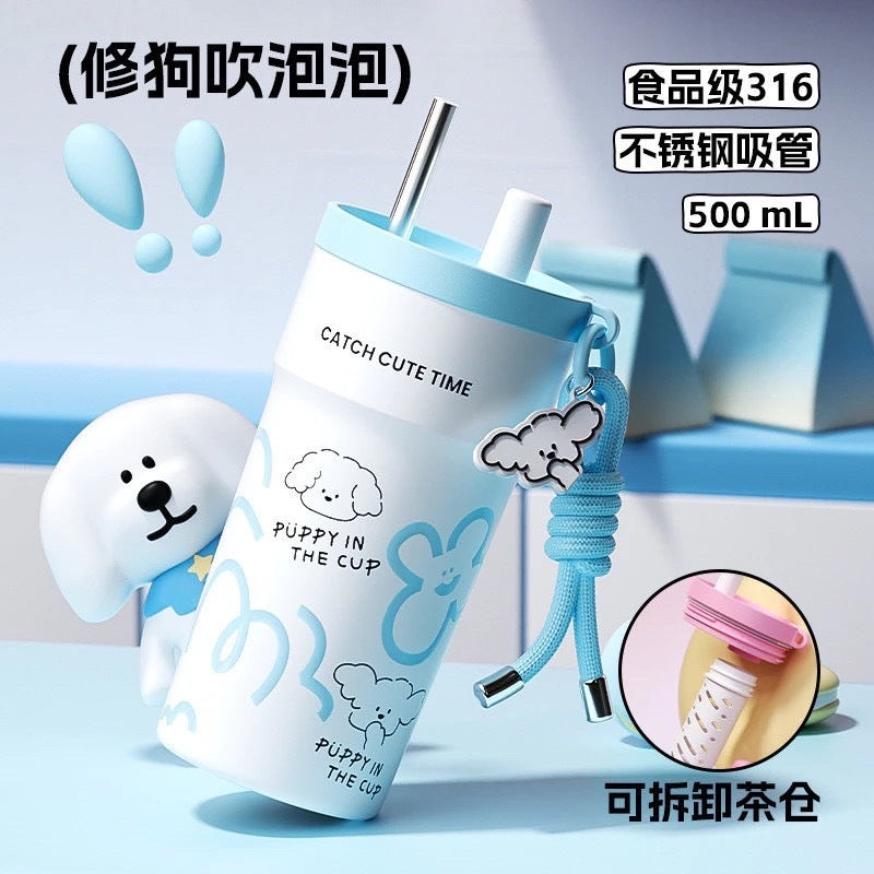 500ml Stainless Steel Insulated Tumbler with Straw & Tea Infuser – Puppy Design, Leakproof Thermal Travel Cup