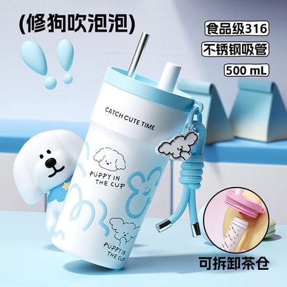 500ml Stainless Steel Insulated Tumbler with Straw & Tea Infuser – Puppy Design, Leakproof Thermal Travel Cup