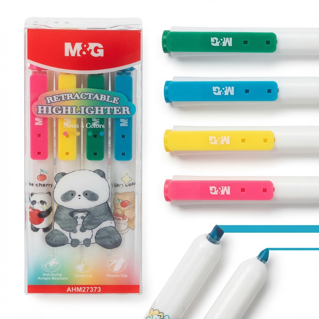 M&G Chenguang Retractable Highlighter Set – 4 Neon Colours, Chisel Tip, Quick-Dry Ink, Panda Design, Retractable Highlighters for School, Office & Study - No: AHM27373