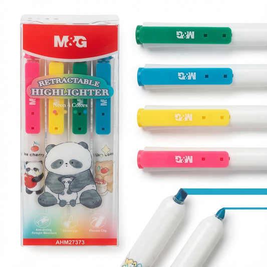 M&G Chenguang Retractable Highlighter Set – 4 Neon Colours, Chisel Tip, Quick-Dry Ink, Panda Design, Retractable Highlighters for School, Office & Study - No: AHM27373