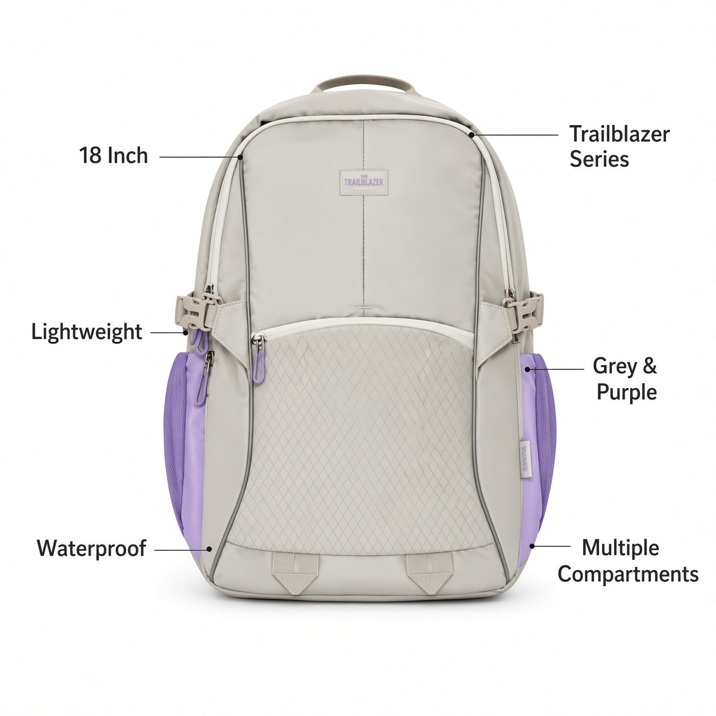 M&G Chenguang Trailblazer 18-Inch School Backpack – Lightweight, Comfortable & Water-Resistant, Grey & Purple - No: ABB904V2M5
