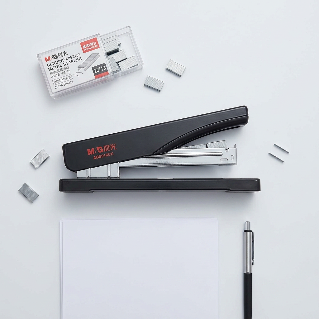 M&G Chenguang heavy-duty stapler flatlay on wooden desk with stacked papers and binder clips