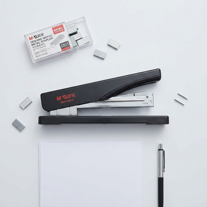 M&G Chenguang heavy-duty stapler flatlay on wooden desk with stacked papers and binder clips