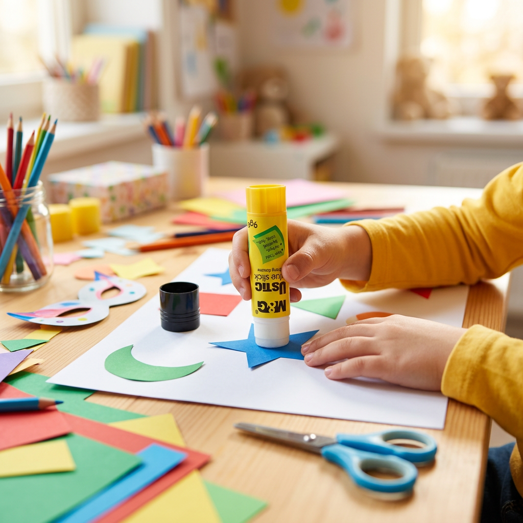 Child using M&G Ustic glue stick on colorful paper craft project