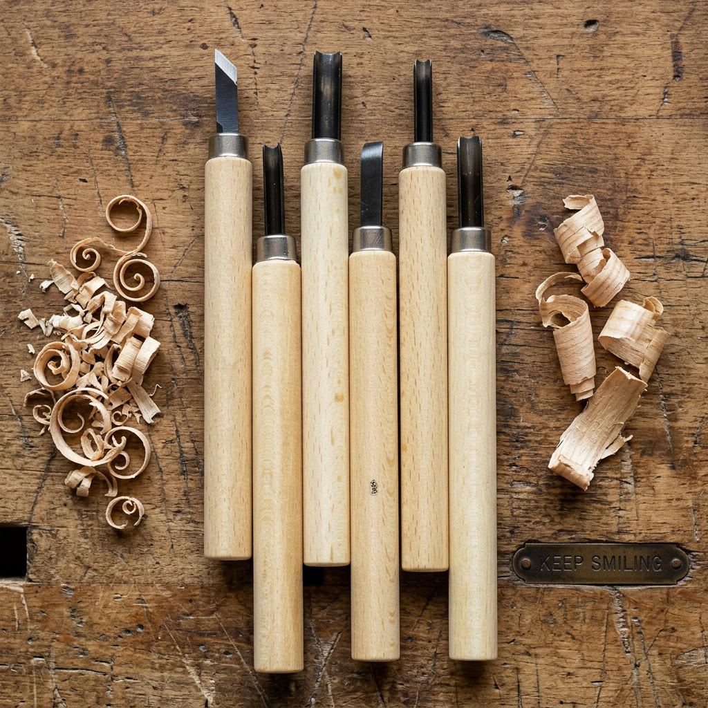 Keep Smiling set of 6 wood carving tools flatlay on a workbench