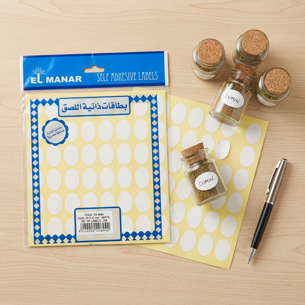 El Manar white oval labels pack flatlay with labeled jars