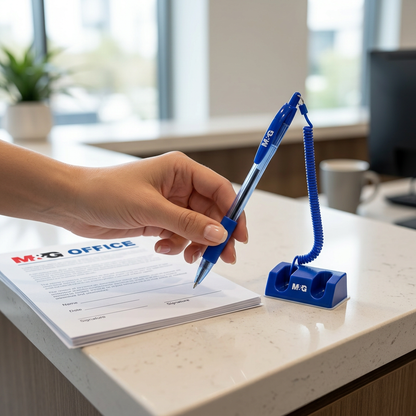 M&G desk ballpoint pen with chain mounted on a reception counter, hand signing a form