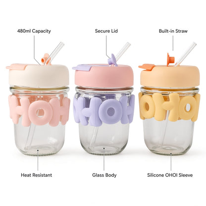 Cute OHOI Kids Water Bottle with Straw Water Cup, Glass Cup, Straw Cup for Women, Cute Portable Heat Resistant Cup – 480ml