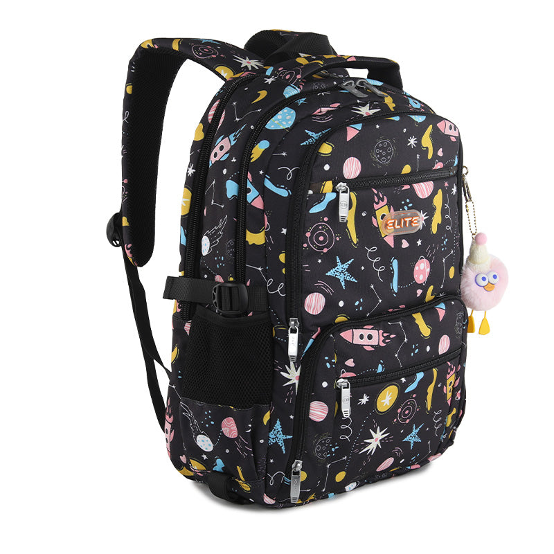 Elite Casual Backpack Big Capacity Backpack fit 15.6 inch Laptop size 19 inch With plush keychain - Celestial-themed pattern / Black