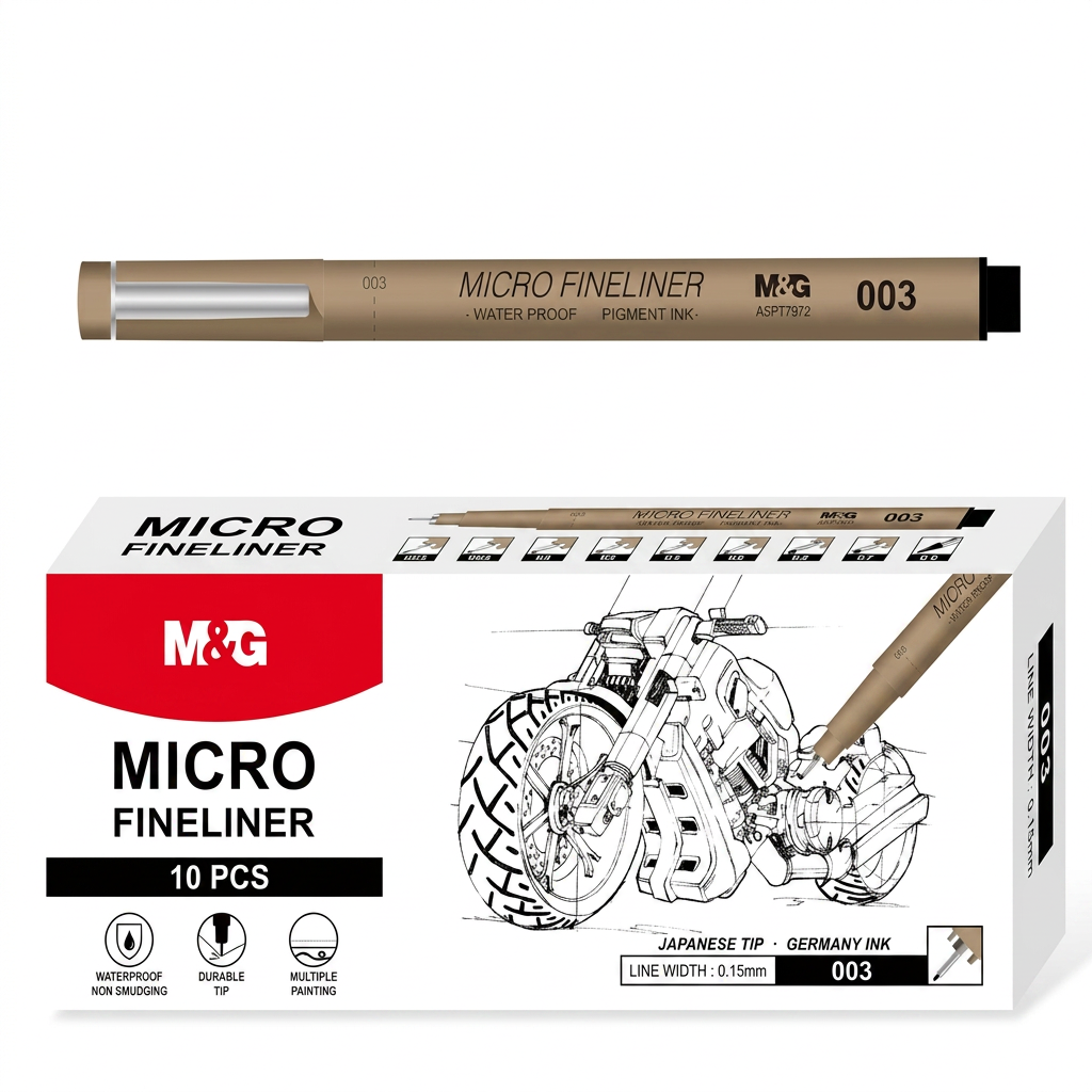 M&G 0.03mm micro fineliner pen flatlay with line-art drawing