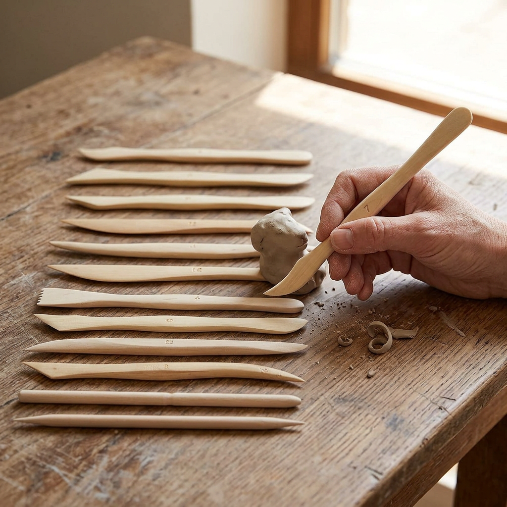 Wooden clay modeling tool in use shaping a clay sculpture