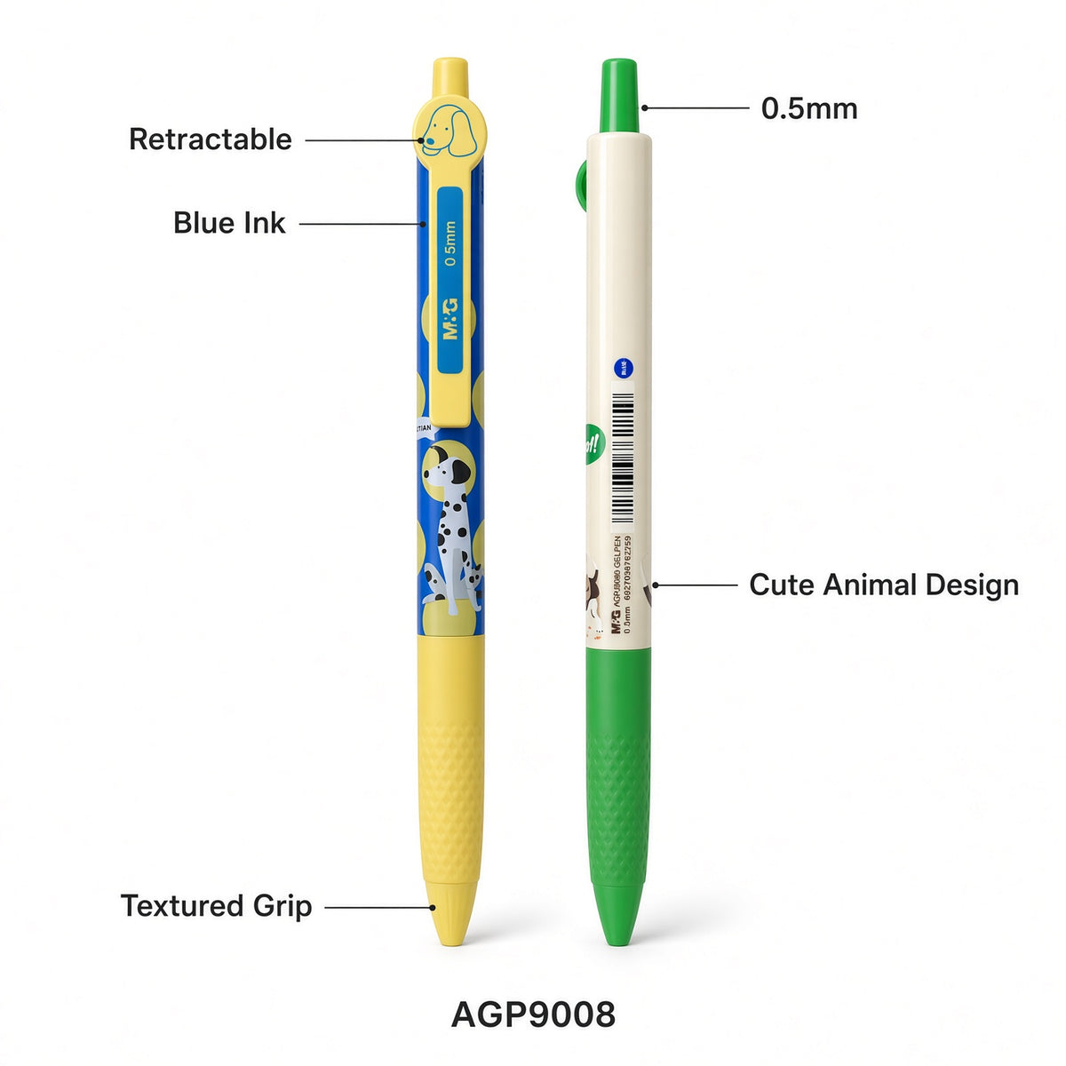 M&G Chenguang Gel Pen 0.5mm – Smooth Blue Ink Retractable Pen with Cute Animal Design - 1pcs - No: AGP9008