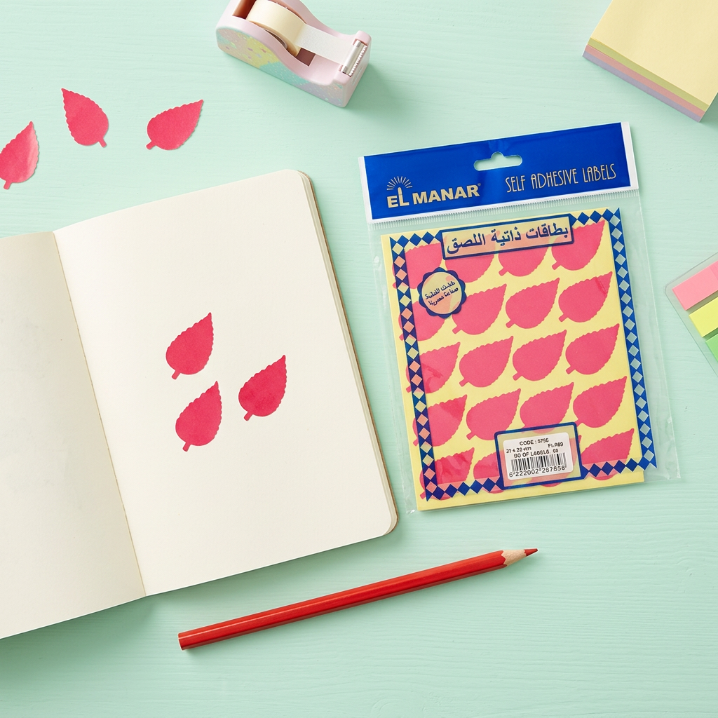El Manar red leaf reward sticker sheet flatlay with peeled stickers